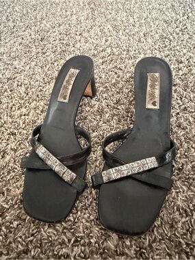 Brighton Black Strappy Heeled Slide Sandals with Silver Accents